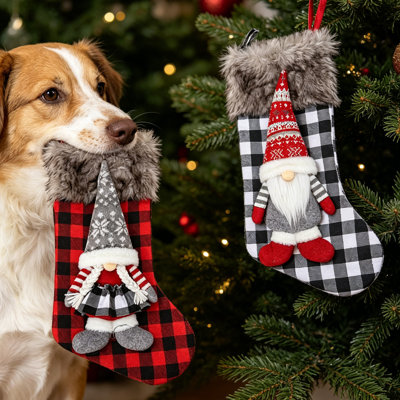 2 Pcs Buffalo Plaid Christmas Gnome Stockings, 18 Inch Large Cotton Fireplace Hanging Stockings with Faux Plush Cuff, 3D Gnome Ornaments, Checkered Candy Gift Bags for Holiday Home Decor