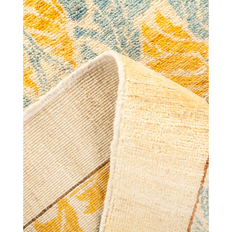 Ivory and Blue Hand-Knotted Wool Damask Area Rug