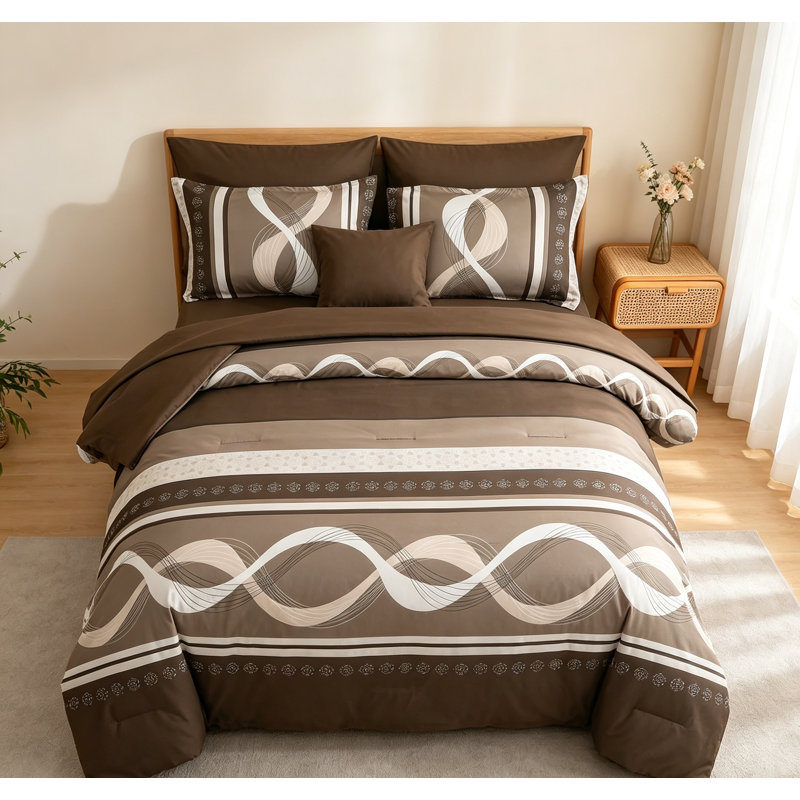 Brown Comforter Set Queen Patchwork Striped Bed in a Bag, Queen Comforter + 7 Additional Pieces