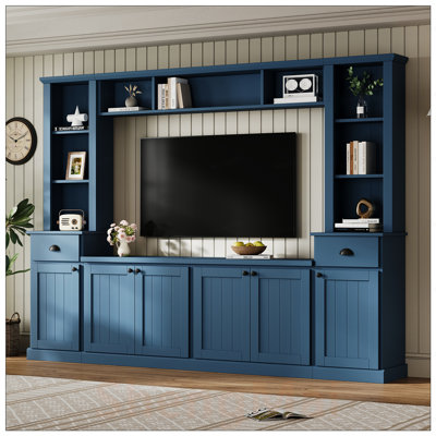 Minimalist Entertainment Wall Unit with Bridge for TVs Up to 75in, Ample Storage TV Stand with Adjustable Shelves, Modernist Large Media Console