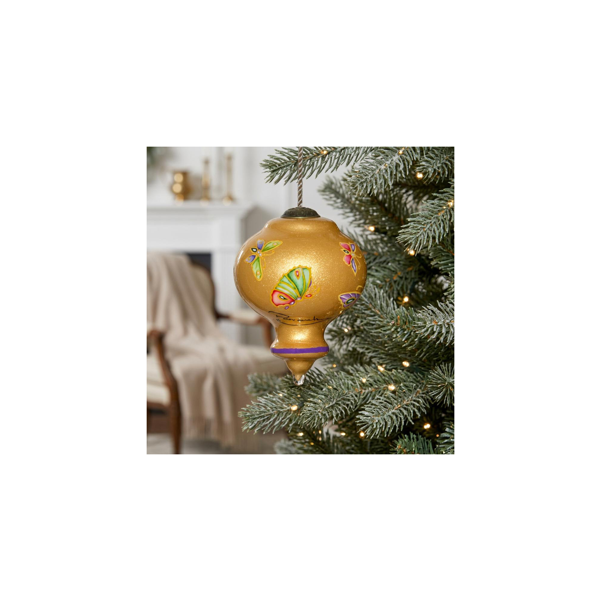 Golden Extravagant Butterflies Hand Painted Mouth Blown Glass Ornament