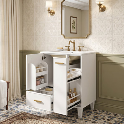 Meuble-lavabo moderne 24 po en bois massif avec lavabo en céramique, tablette de porte et panier coulissant à 2 niveaux (noir / blanc / gris-bleu)