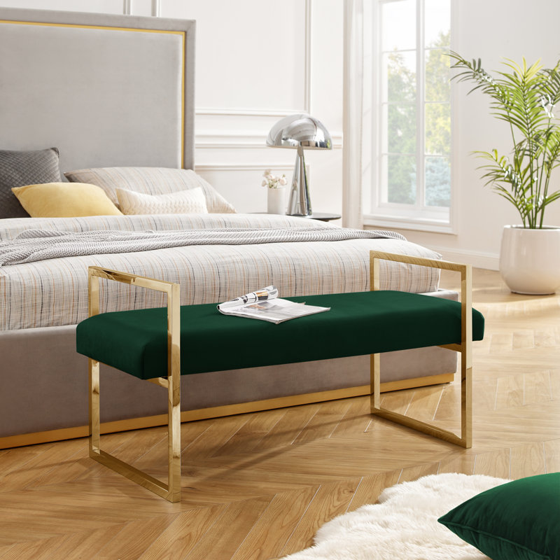 Banc rembourré en velours Khole, Vert chasseur / or