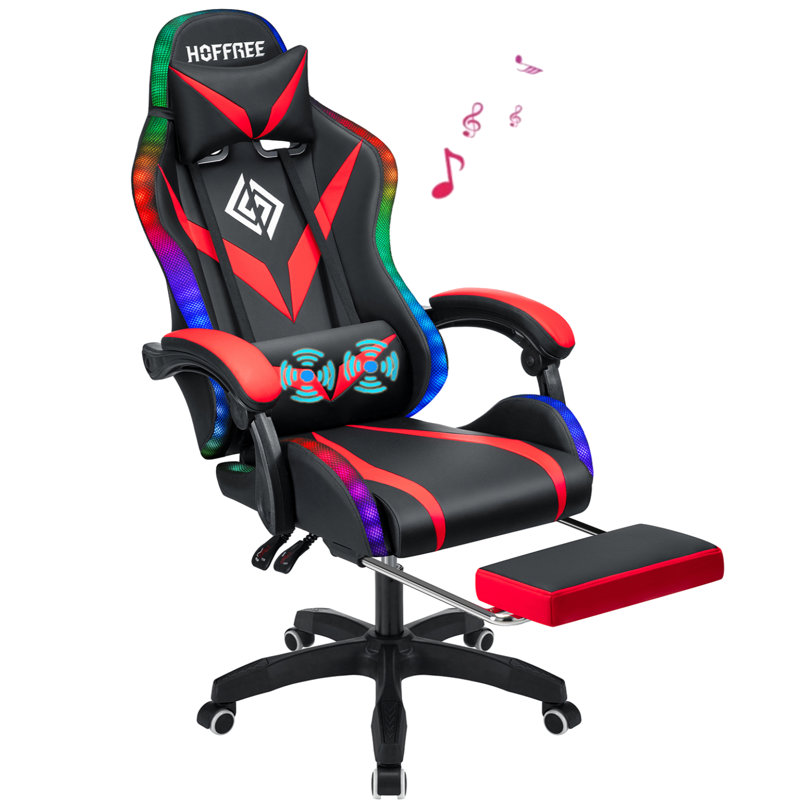 Red and Black Faux Leather Ergonomic Gaming Chair with Bluetooth Speakers and RGB LED Lights