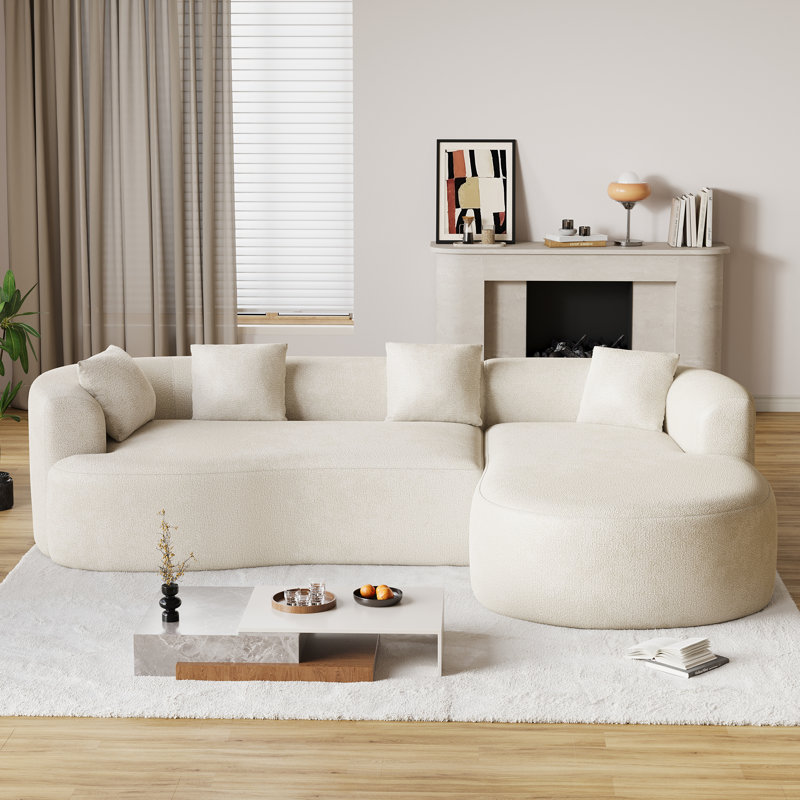  L-Shaped Sectional Sofa Compression Curved Couch with Chaise Lounge, Beige Chenille, Right Hand Facing
