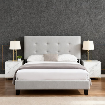 Easy Assemble Queen Upholstered Platform Bed, Strong Wood Slat Support & Tufted Headboard, Gray(Mattress not included)