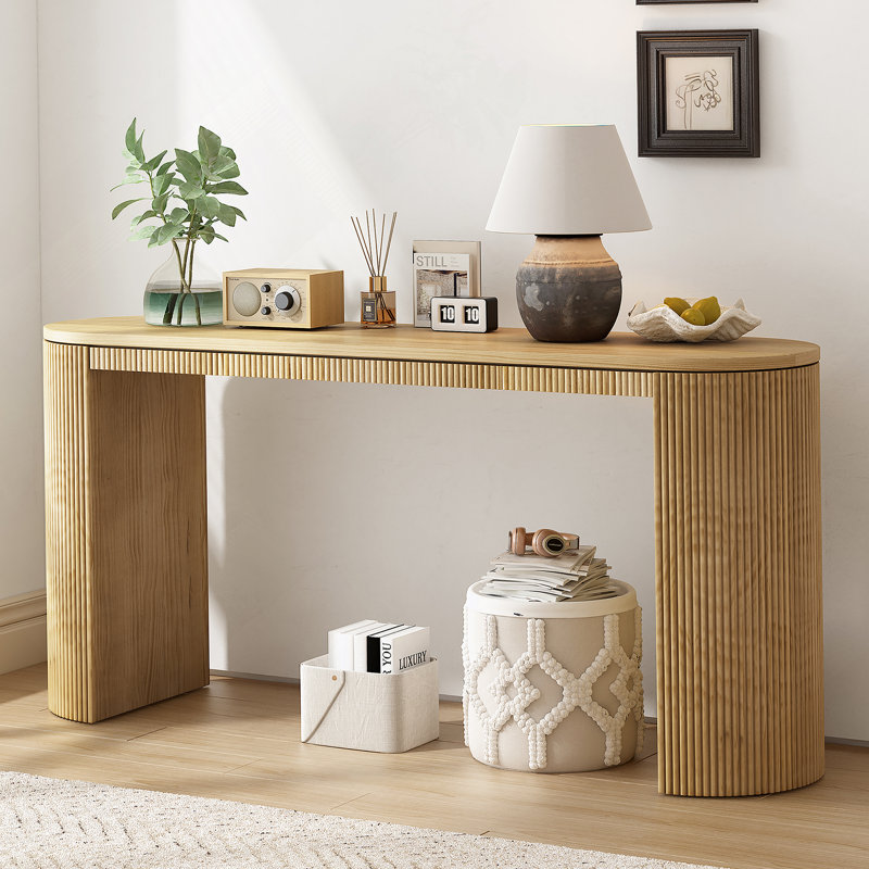 Curved Design Console Table With Unique Vertical Stripe Design ,Suitable, Natural