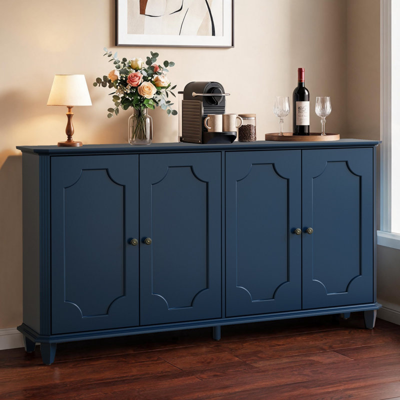 Buffet 63 "à 4 portes Farmhouse, armoire de rangement avec tablettes réglables et pieds tournés classiques, Blue