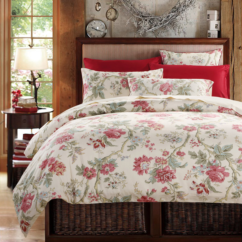  800TC 100% Egyptian Cotton Duvet Cover Set，3pcs Luxury Vintage Country Floral Shabby Chic Bedding Set, Aesthetic Botanical Pattern for Bedroom Guest Room Student Dorm All Seasons