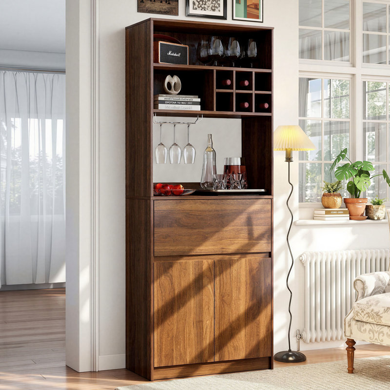 Farmhouse Kitchen Wine Hutch with Glass Rack and Open Storage in Walnut Brown