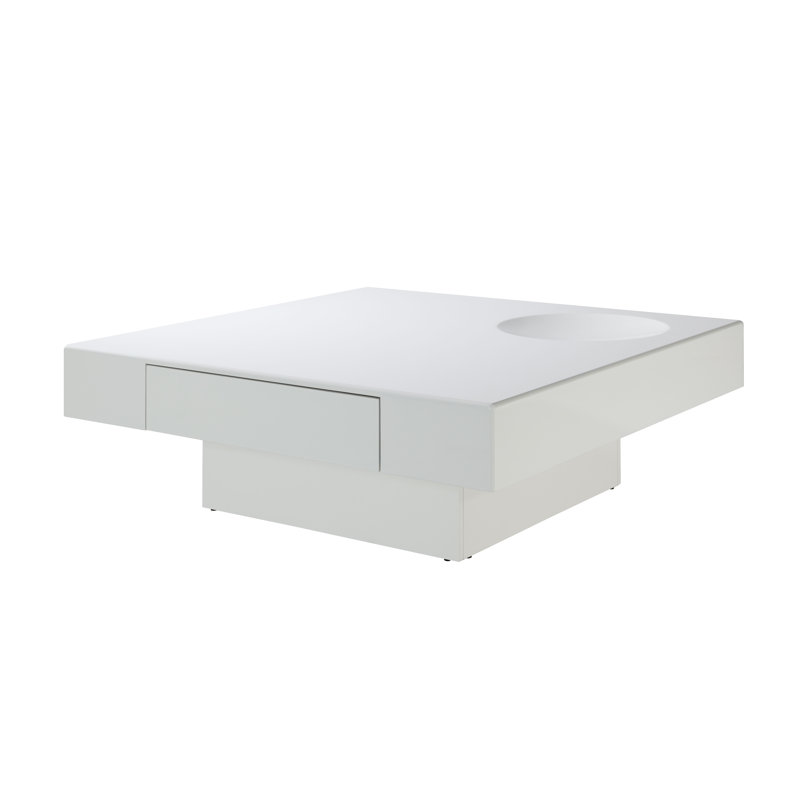 Table basse carrée blanche ultrabrillante avec plateau rond intégré et tiroir de table