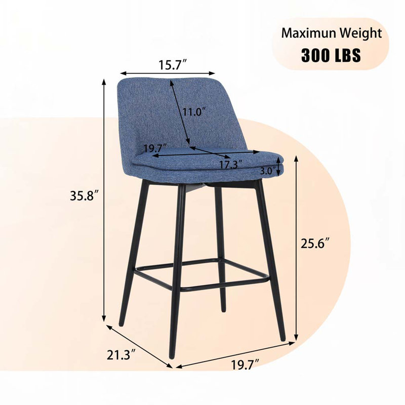 Ensemble de tabourets de bar revêtus de lin en métal avec repose-pieds, dossier rembourré, Bleu