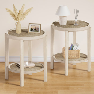 19-inch Round Rattan End Table Set of 2 with Raised Edge & 2-Tier Storage Shelf, Creamy White