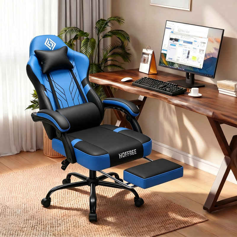 Fauteuil de jeu ergonomique en similicuir chauffant et massant avec fonction de vibration à 7 points en noir / bleu