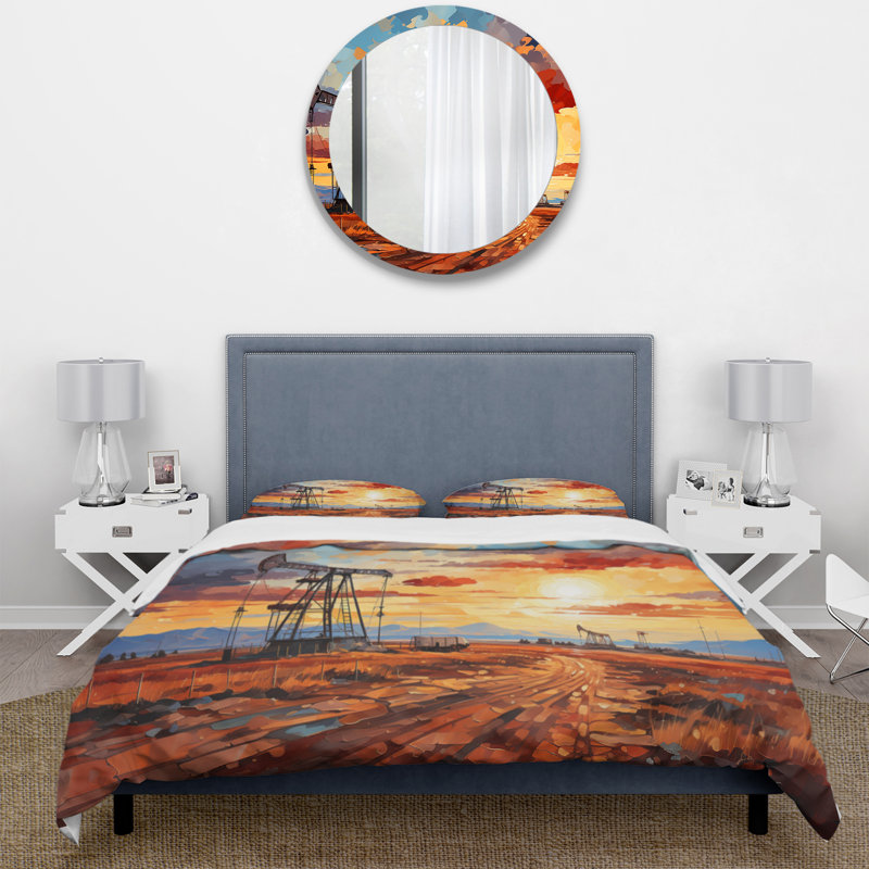 Ensemble de housse de couette Orange Oil Rigs Pumpjack In Texas I BeddingMicrofiber / Polyester
