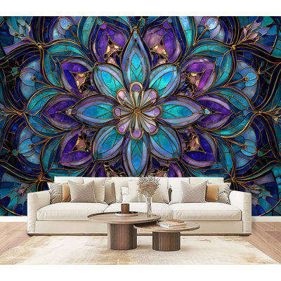 Peler et coller papier peint géométrique fractal vitrail décoratif à éclairage mural H 69 po x l 96 po amovible, papier peint mural en PVC auto-adhésif pour chambre à coucher, salon, bureau à domicile