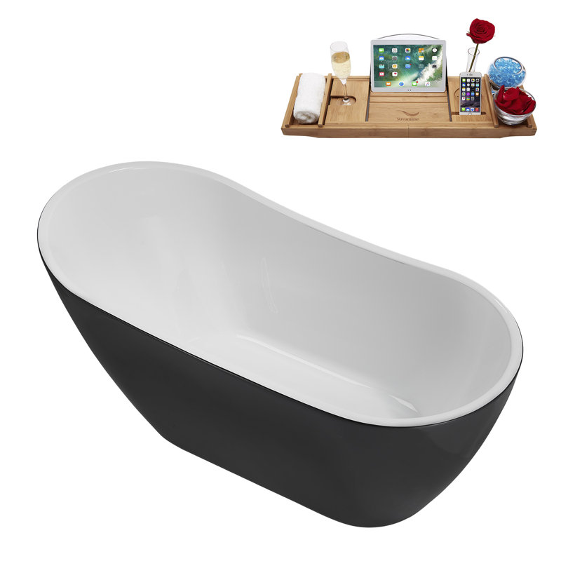 55" Streamline Soaking Freestanding Tub and Tray With Internal Drain, Brushed Brass