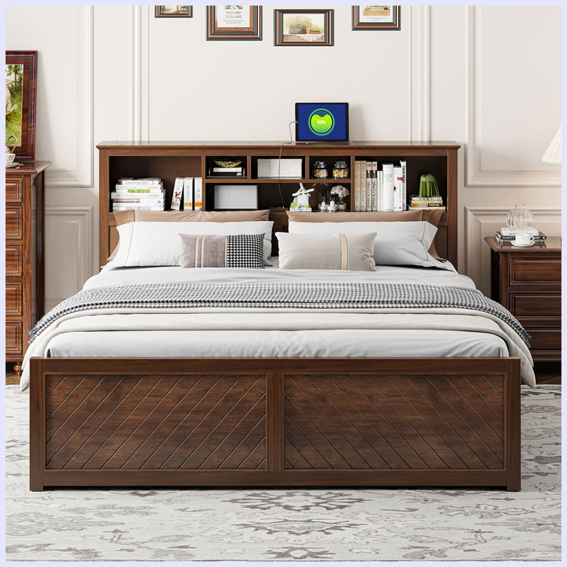 Lit plateforme très grand en bois avec tête de lit multi-rangement, USB et tiroirs, Brun