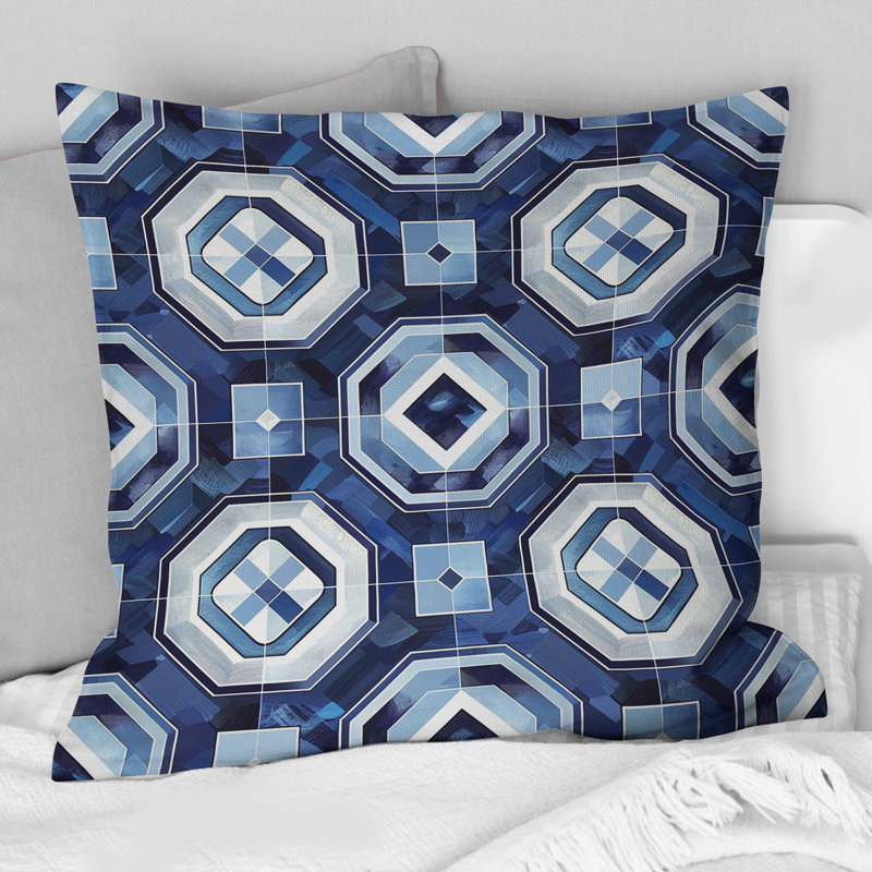 Coussin bleu et blanc octogonal moderne, H 16 po x l 16 po