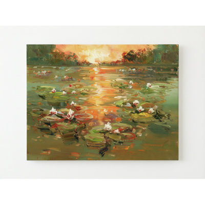 «Glowing Sunset Water Lilies», reproduction d'art sur toile, impressionnant empâtement floral étang, art mural nature