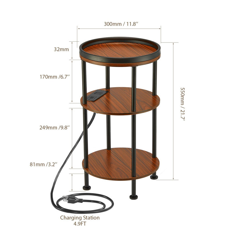Round Accent Table - 3-Tier Charging Side Table with Power Outlets for Small Spaces, Dark Wooden