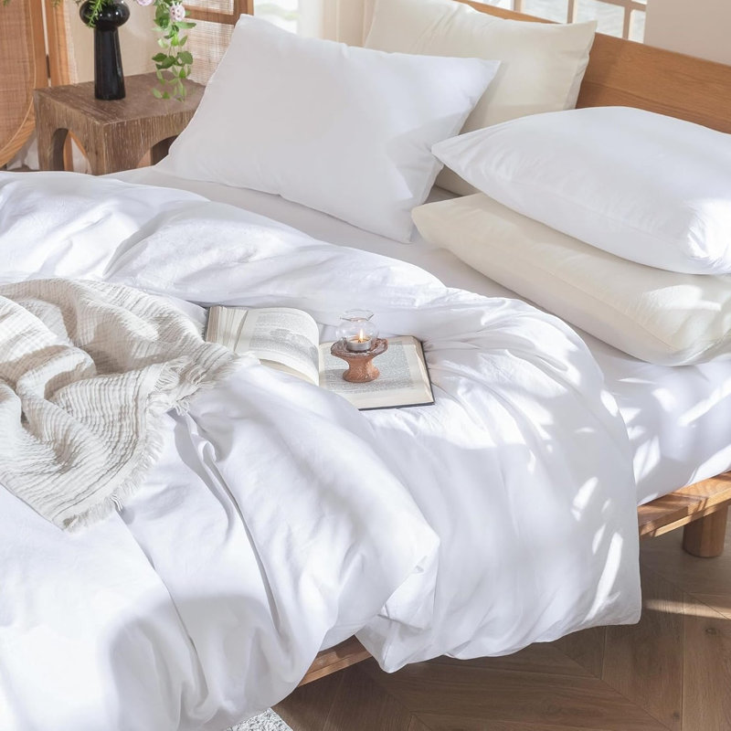 Ensemble de housse de couette en lin blanc délavé et texturé, très confortable, doux et très grand, Blanc