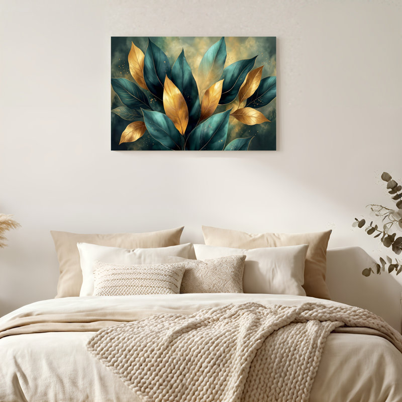 «Gallery Wrap», art mural sur toile pour le salon, la chambre à coucher, le bureau ou le vestibule - décoration murale décorative avec feuilles dorées