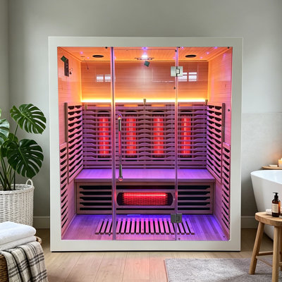 Smartmak® 3-4 Person  Full Spectrum Infrared Sauna Room, Traditional Canadian Hemlock Wooden Saunas Spa, Wifi Control, 12 Heaters,LED Light, Backrest, 158℉