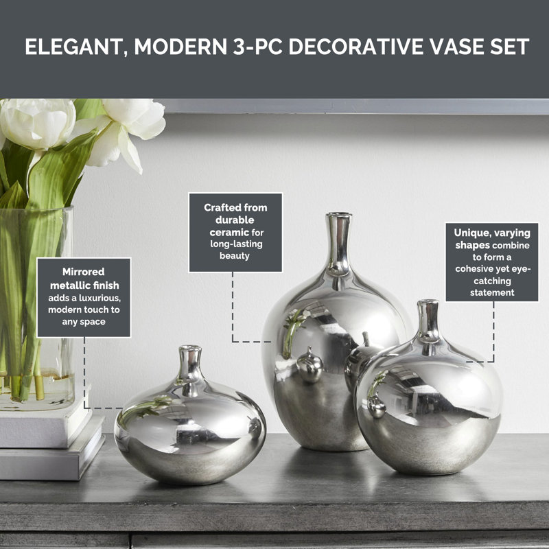Ensemble de 3 vases décoratifs en céramique miroir Ansen, argent