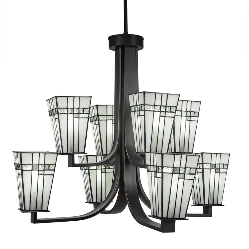 Eurig 8 Light Uplight Chandelier Shown With 5" Square New Deco Art Glass, Dark Granite