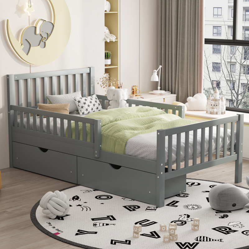 Wood Platform Bed With Guardrails On Both Sides And Two Storage Drawers, Grey, Twin