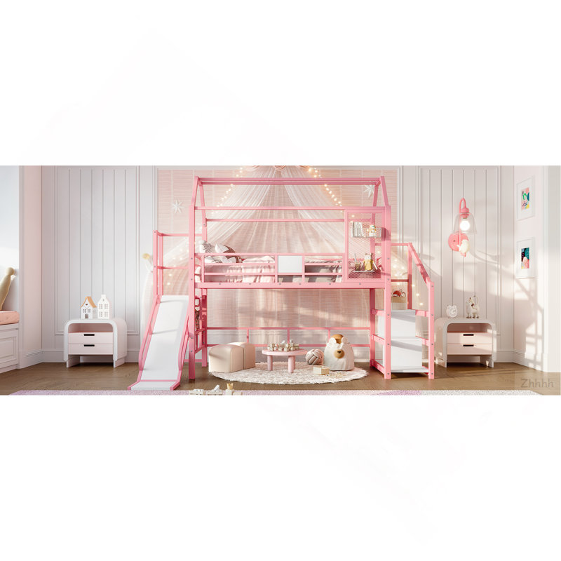 Lit mezzanine simple avec glissade et escalier, lit de jeu en métal avec tablettes de rangement, toit en forme de maison et conception silencieuse, rose