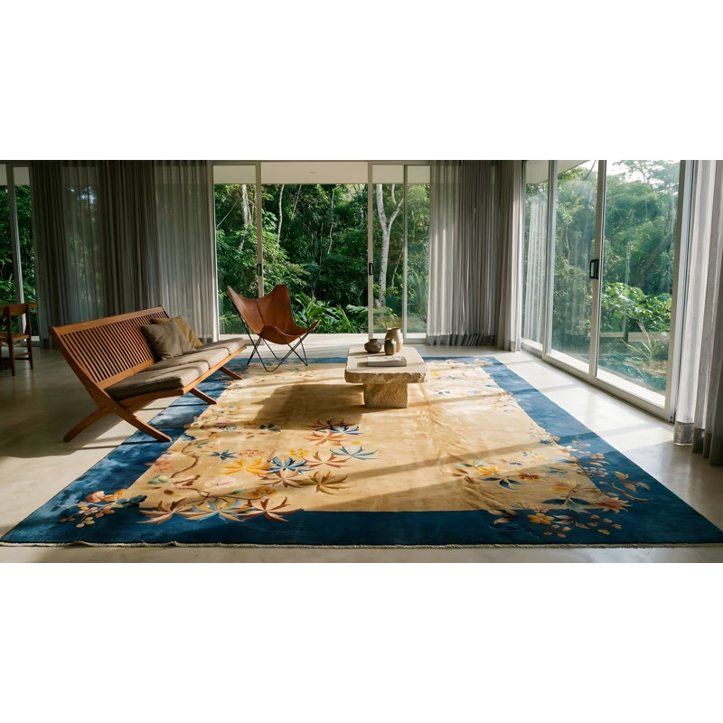Tapis antiques Art déco chinois floral bleu marine, ivoire, beige, crème, blanc, années 30