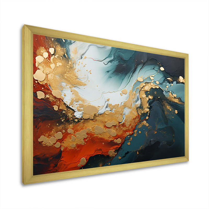 Tempête de marbre bleu et doré IV - art mural abstrait, Cadre d'angle fermé doré, H 16 po x l 32 po x P 1 po