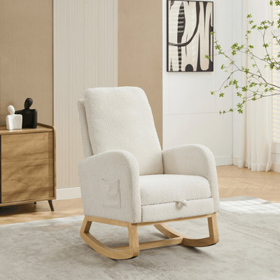 High Back Glider Rocking Chair with Retractable Footrest Side Pocket and Sturdy Rubber Wood Legs for Nursery and Living Room