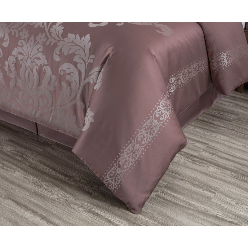Queen Woodrose and Gray Jacquard Floral Comforter Set