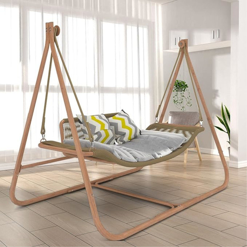 Balancelle hamac avec support pour cadre intérieur, extérieur et antirouille couleur bois Capacité de 570 lb avec coussin Coussin de hamac double pour patio