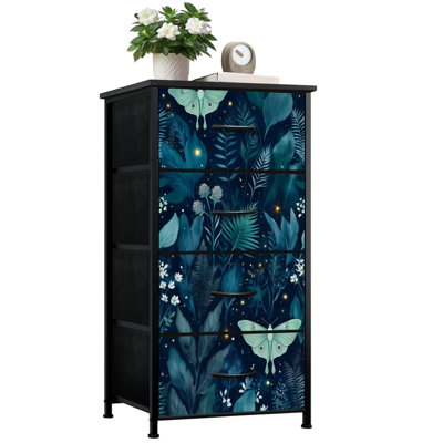 Dresser for Bedroom with 4 Storage Drawers Mystical Moths Foliage Teal Deep Blue Dressers Chest of Drawers Steel Framed Fabric Closet Organizers for Nursery Kids Dorm Entryway