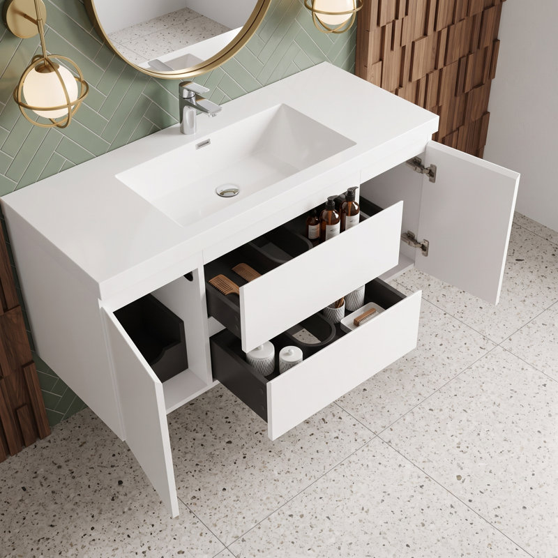 Meuble-lavabo suspendu de 48 po avec lavabo simple, blanc, armoire en mélamine et lavabo intégré en résine, fermeture amortie et entièrement assemblé.
