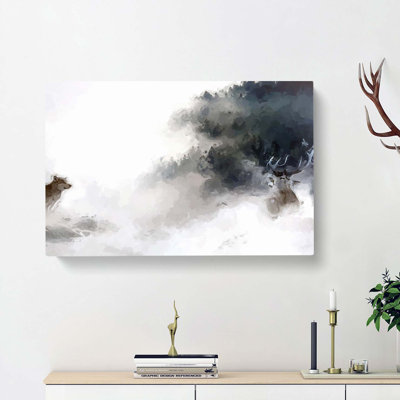 Wolf & Stag In A Winter Forest In Abstract - Wrapped Canvas Painting