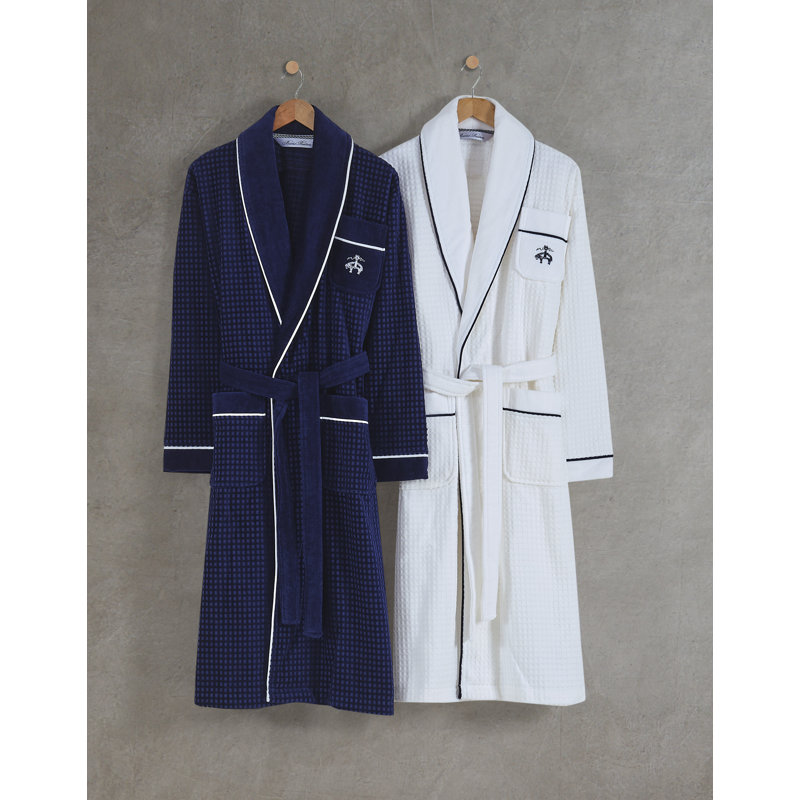 Peignoir mi-mollet 100% coton gaufré avec poches, Bleu marine