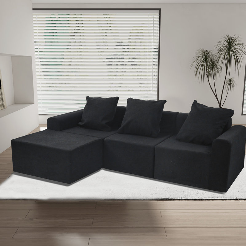 Convertible 3 - Seat Sectional In American Style, Antique Black Color, Velvet Main Material, Medium Firm Seat, Compression With Safe , Us , Machine Washable Stain Brushed Corduroy Foam,