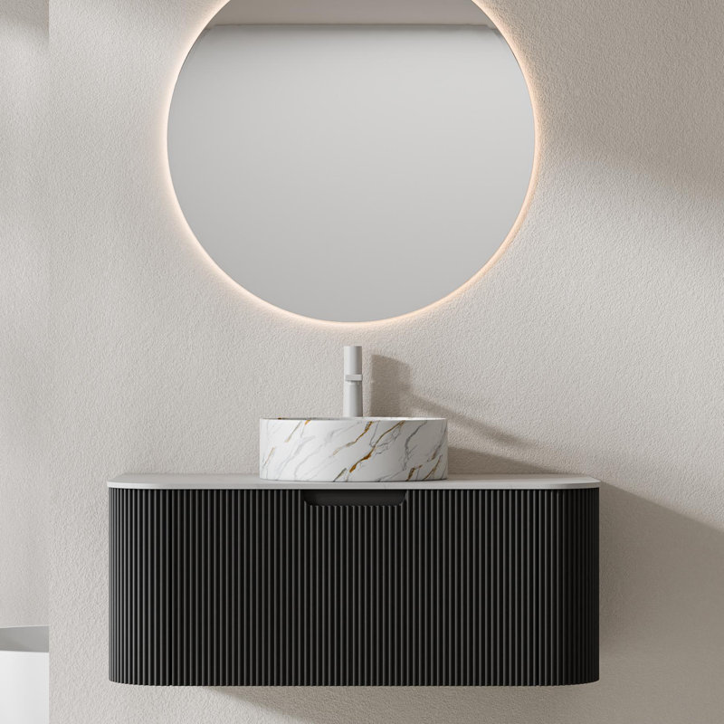 Ensemble de meuble-lavabo rayé mural en bois naturel 36 po Echoe, Noir