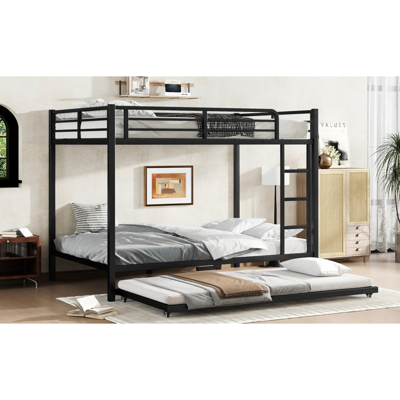 Lit superposé double en métal avec lit gigogne, structure noire stable, finition, garde-corps sur construction robuste, sommeil silencieux, espace insuffisant