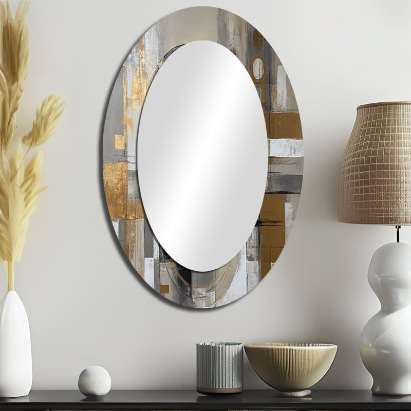 Doré et gris Radical Simplicity I - miroir mural ovale Mid-Century doré, 36 po x 24 po