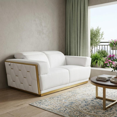 70" White And Silver Italian Leather Loveseat