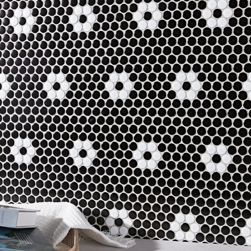 Carreau de mosaïque rond 0,8 po, Noir et fleur blanches