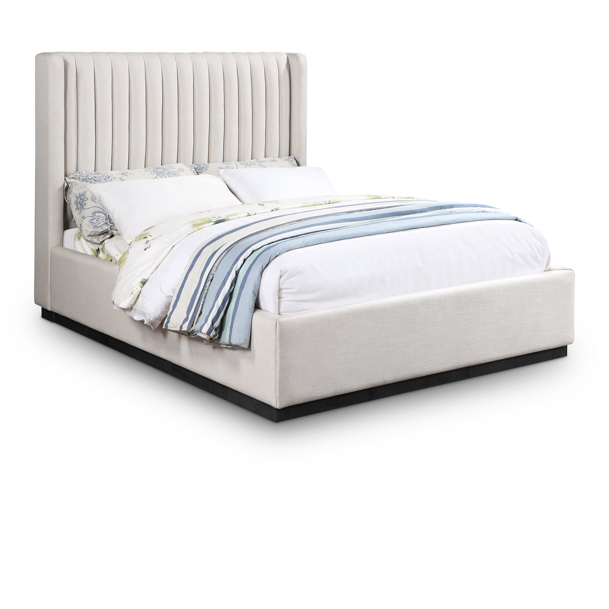 Chamblis Upholstered Wingback Bed, Beige Linen Textured Fabric, Full / Double