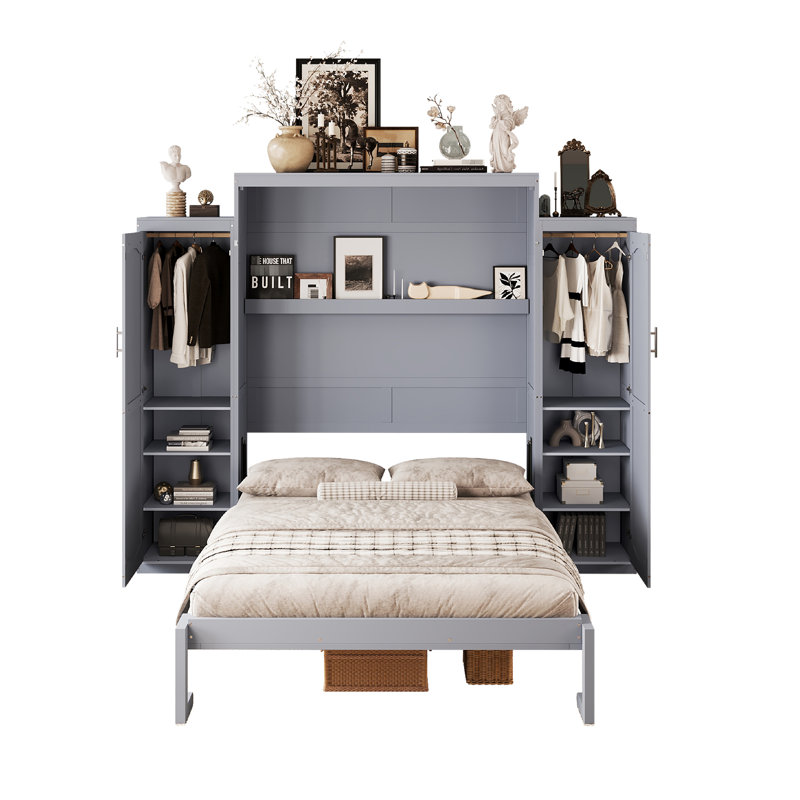 Lit grand format - Structure de lit multifonctionnelle grise avec 2 garde-robes et tablette de rangement, bois pliable pour la chambre à coucher, plateforme agencée