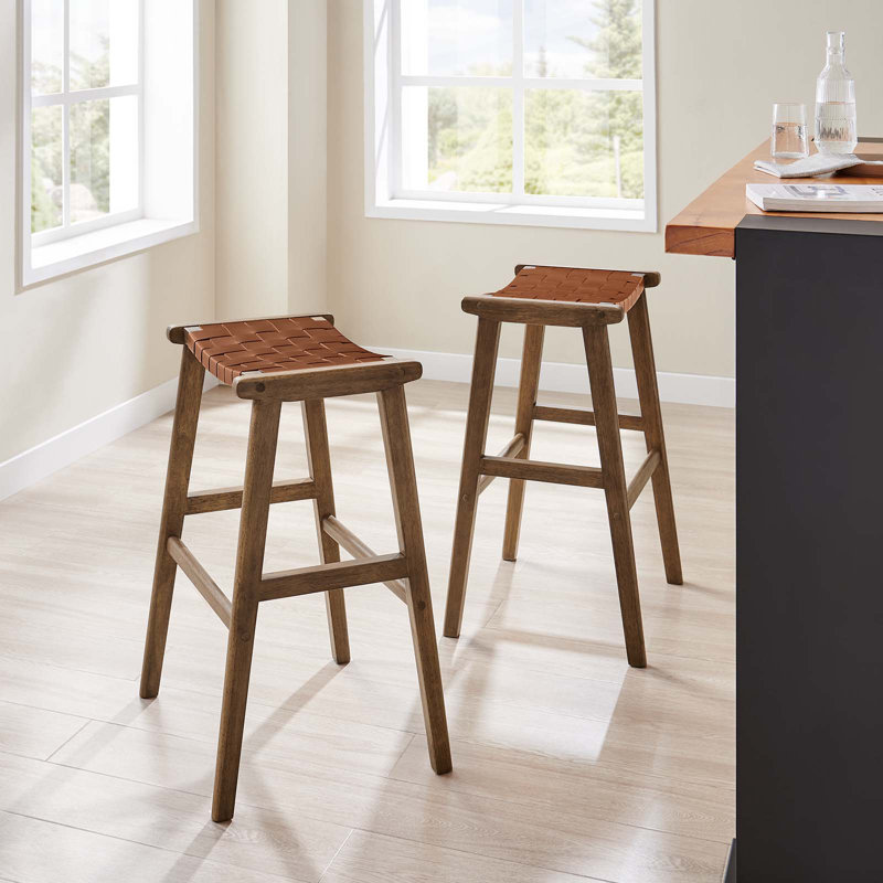 Modway Saoirse Counter/Bar Stools, Counter Stool (26” Seat Height), Brown Leather/Walnut Frame